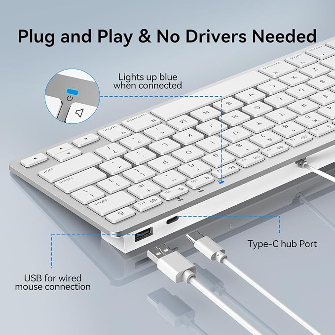 TECKNET USB Wired Keyboard and Mouse Compatible with Mac, Dual Interface(Type-C and USB A), Ergonomic Slim Keyboard Set for PC/Laptop, Compatible with MacBook, iMac, Mac mini/Pro, White