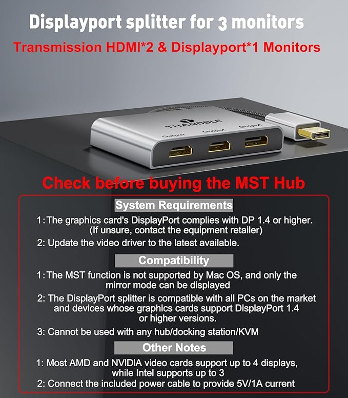 DisplayPort to Dual HDMI with DP Adapter (4K@60Hz) Extended Display 1 in 3 Out MST Hub for Multiple Monitors Compatible for Graphics Card, PC, NVIDIA, AMD