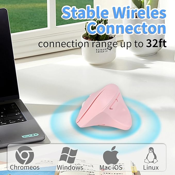 Wireless Silent Ergonomic Vertical Mouse - Dual Mode 2.4G/Bluetooth, Rechargeable Type C, Pain Relief for Office and Home Use, Compatible with Laptop & PC (Pink)