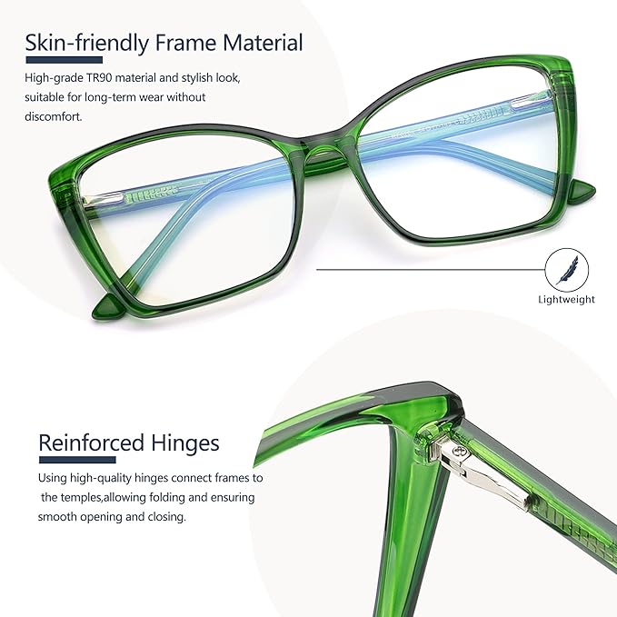 Blue Light Blocking Glasses for Women, Oversized Trendy Cat Eye Computer Gaming Glasses Anti Glare & UV Glare RF6204 (Basil Green Cateye Frame)
