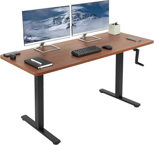 VIVO Manual Height Adjustable 60 x 24 inch Stand Up Desk, Dark Walnut Solid One-Piece Table Top, Black Frame, Standing Workstation with Foldable Handle, DESK-KIT-MB6D