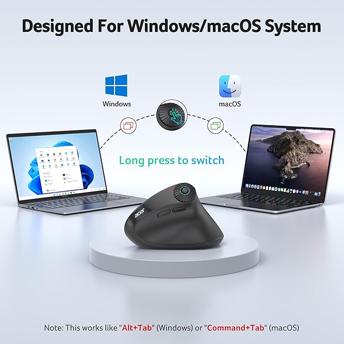 acer Ergonomic Mouse Wireless with Side Scroll Wheel, Bluetooth Mouse for Laptop(BT5.2+2.4GHz), Office Vertical Computer Mice, Small to Medium Sized Hands Ergo Mice, 8 Buttons for PC and Desktop