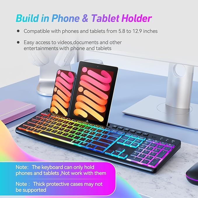 Wireless Keyboard and Mouse Combo with Backlit,2.4Ghz Rechargeable Light Up Keyboard Mouse with Phone Tablet Holder,11 Shortcut Keys,Silent 22 RGB Backlit Mouse,Quiet Click for Computer,PC,Mac,Windows