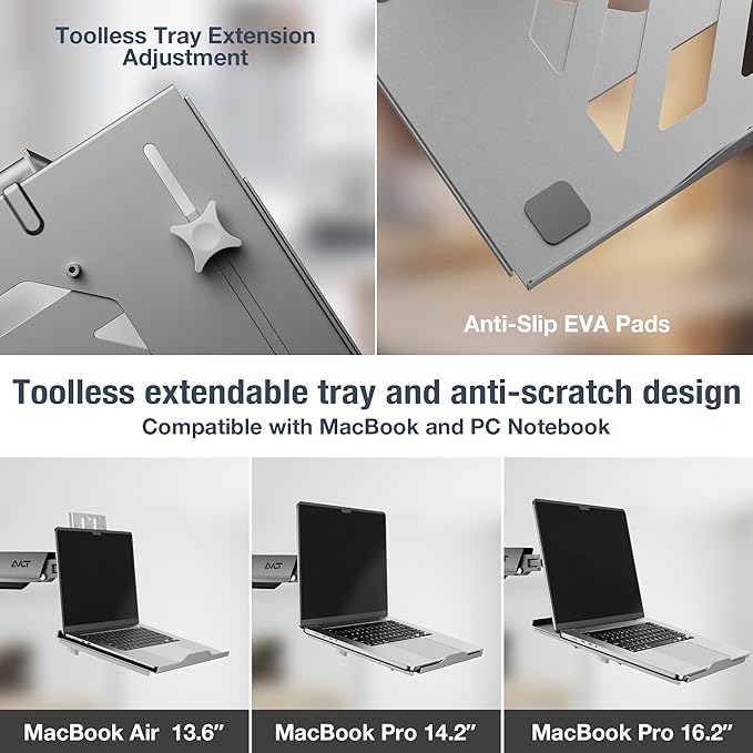 AVLT Adjustable Laptop Tray with Support for 120mm Fan Compatible with VESA 75x75 Monitor Arm - Fits Up to 17 Inch Laptop - Gray (Fan Not Included)