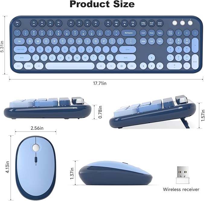 Wireless Keyboard Mouse Combo - Lovely SkyBlue-Gradient Rainbow Full-Sized Typewriter Colorful Keyboards, Round Keycap Plug Play Retro Cute Keyboards for Windows, Laptop, PC, Desktop, Computer