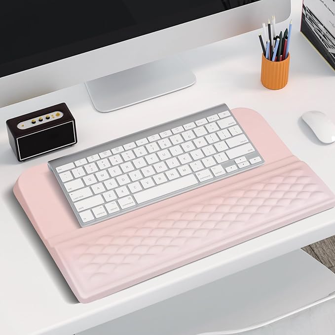 MOSISO Keyboard Stand with Wrist Rest, Ergonomic Keyboard Riser with Wrist Rest Support Pad, Non-Slip Base Pain Relief & Easy Typing Cushion with Massage Memory Foam for Home Office, Pink