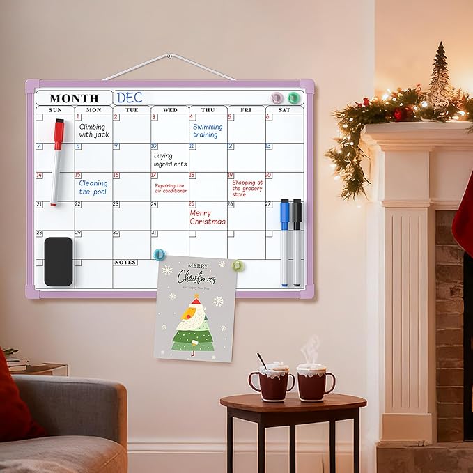 MaxGear Monthly Calendar Dry Erase Board for Wall, 16"x12" Small Hanging Double-Sided White Board, Portable Whiteboard for Planning, Drawing, Memo, to Do List, School, Home, Office, Purple Frame