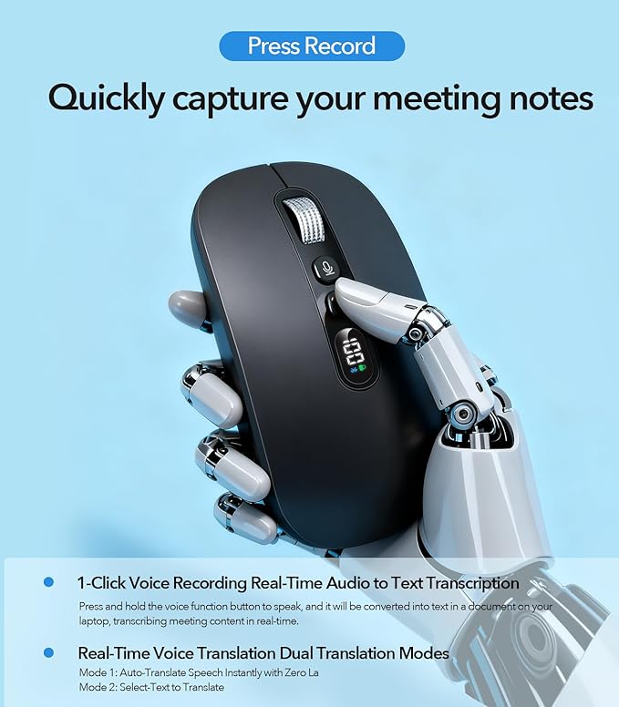 AI Wireless Mouse with Voice & Audio Recorder， Wireless Bluetooth Mouse for MacBook/PC/Laptop,Silent Design,2.4GHz USB-C Rechargeable, AI Writing/Summarize/Translate Office & Study