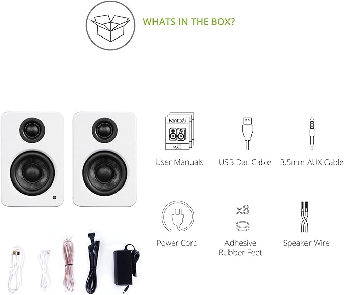 Kanto YU2GW PC Gaming Desktop Speakers | 3" Composite Drivers | 3/4" Silk Dome Tweeter | Class D Amplifier | 100 Watts | Built-in USB DAC | Subwoofer Output | Pair | Gloss White