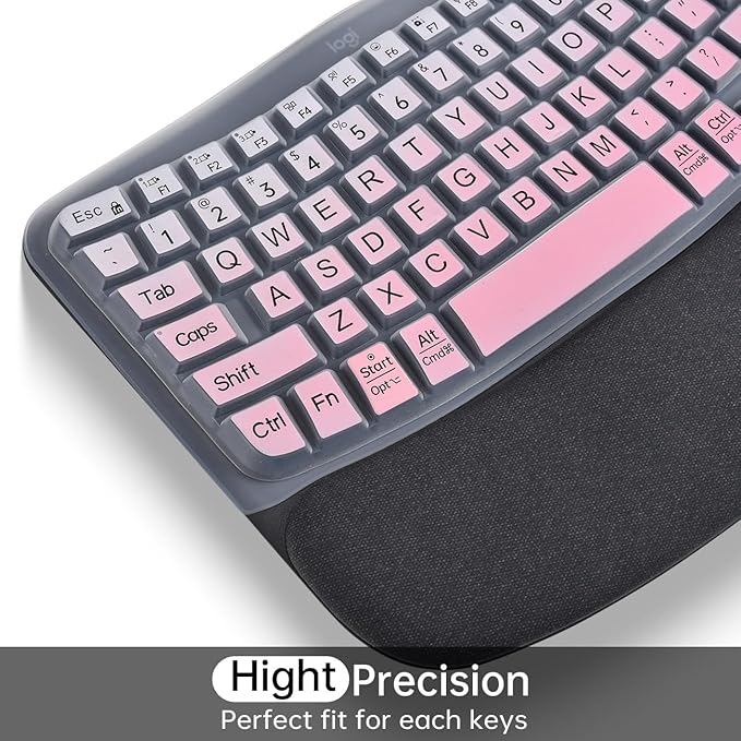 Large Print Keyboard Cover for Logitech Wave Keys MK670 Combo Keyboard Skin, Logitech Wave Keys Wireless Ergonomic Keyboard Cover Protector Skin, Logitechs Waves Key Accessories, Ombre Pink