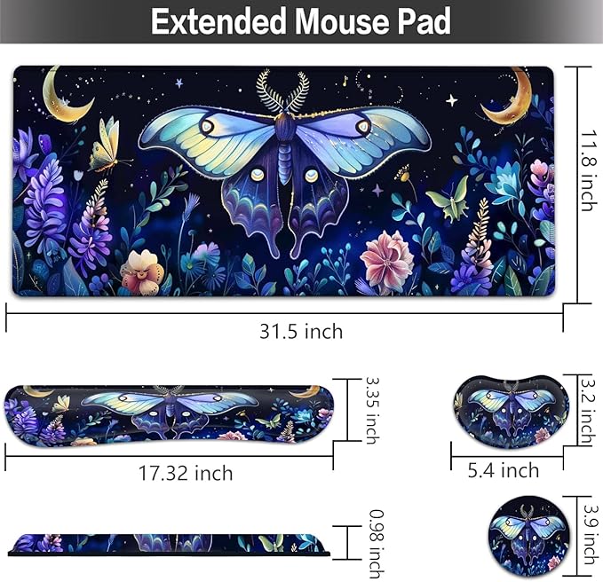 Large Mouse pad and Keyboard Support Set, Ergonomic Memory Foam Keyboard Wrist Rest, Extended Gaming Mouse Pad with Stitched Edges, Blue-Purple Moths and Moon Flowers XXL Desk Mat