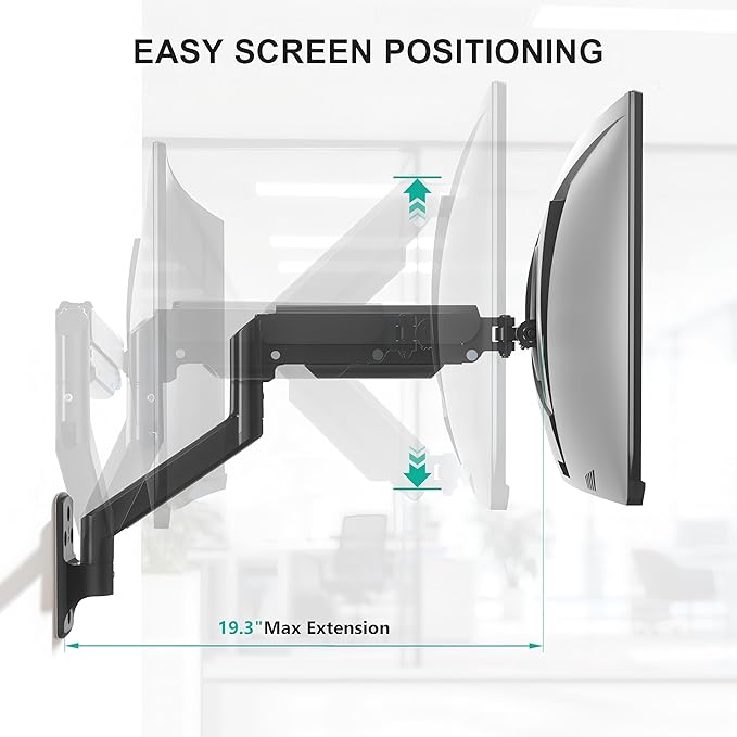 WALI Computer Monitor Wall Mount for 17 to 32 Inch Screens, Single Monitors Mount Holds up to 22lbs, Fully Adjustable Gas Spring Wall Mount Monitor Arm, 75x75/100x100mm VESA Mount (GSWM001), Black
