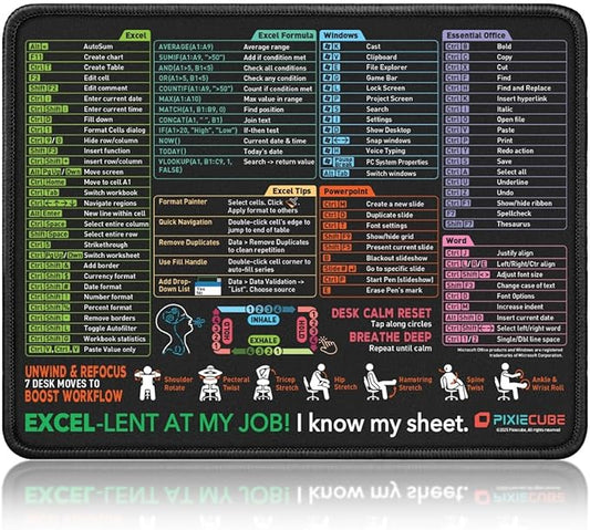 Excel Shortcut Mouse Pad with Windows, Word & PowerPoint Shortcuts - Small Excel Cheat Sheet Desk Pad | Non-Slip Stitched Gaming Mousepad | Large Mouse Pads for Desk Computers & Workstations