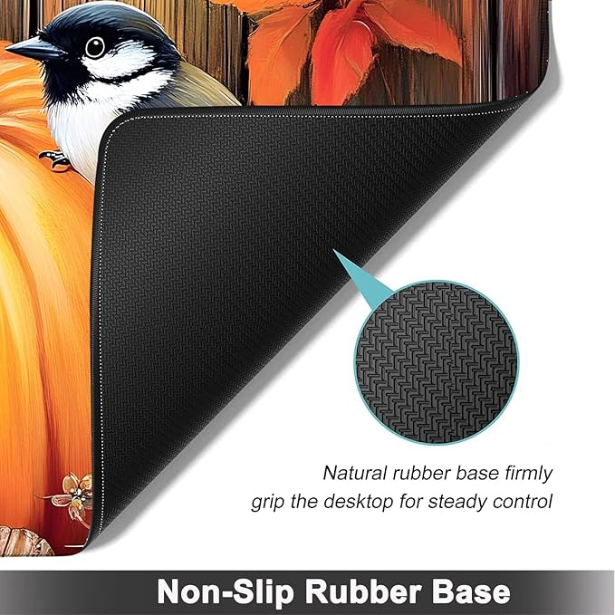 Large Mouse pad and Keyboard Support Set, Ergonomic Memory Foam Keyboard Wrist Rest, Extended Gaming Mouse Pad with Stitched Edges, Fall Pumpkins and Bird XXL Desk Mat (31.5 X 11.8 in)
