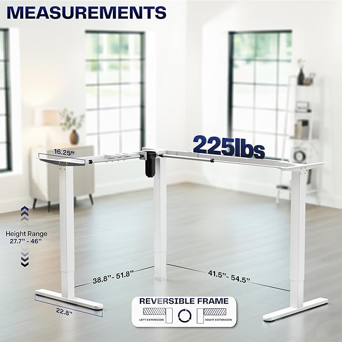 VIVO Space Efficient Electric Single Motor Height Adjustable 3-Leg Corner Standing Desk Frame, Holds up to 225 lbs, Sit Stand L-Shaped Motorized Legs Only, White, DESK-E347W