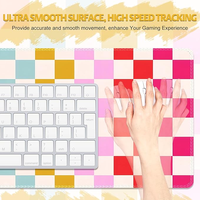 Desk Mat for Keyboard and Mouse, Non-Slip Large Mouse Pad Keyboard Pad, Computer Mats for Desktop, Cute Desk Pad with Stitched Edges for Office, Gaming I Rainbow Checkerboard