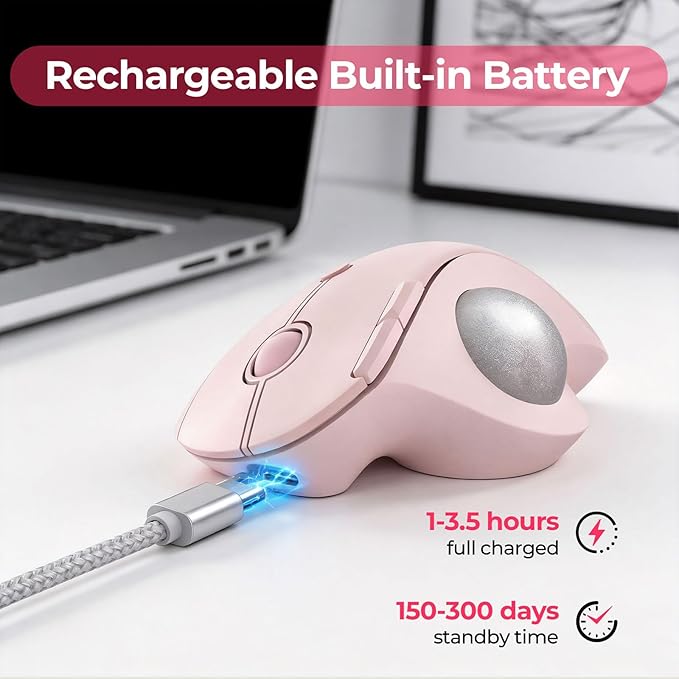 seenda Wireless Trackball Mouse, Bluetooth - Ergonomic Rollerball Mouse Rechargeable, 3 Device Connection Optical Mice Adjustable DPI Thumb Control Mice Compatible for Mac/Android/Windows - Rose Pink
