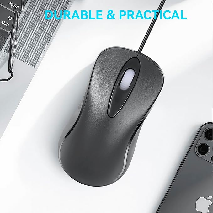 2pack Classic Wired Office Mouse Ergonomic USB Optical 3-Button 1000 DPI Comfortable Durable for Windows Mac Laptop Desktop Black