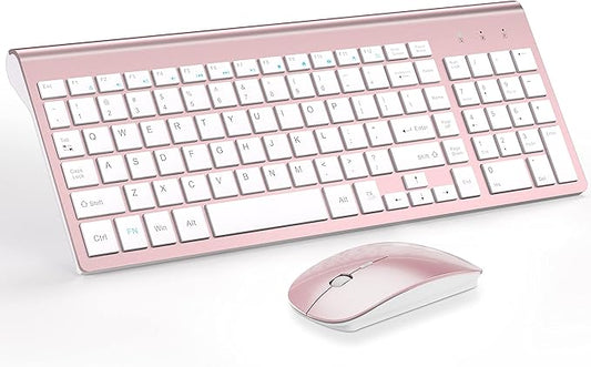 Wireless Keyboard and Mouse Ultra Slim Combo, TopMate 2.4G Silent Compact USB 2400DPI Mouse and Scissor Switch Keyboard Set with Cover, Batteries Included, for PC/Laptop/Windows/Mac - Rose Gold White
