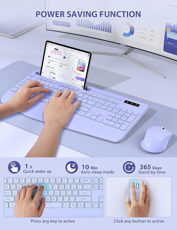 SABLUTE Wireless Keyboard and Mouse, Wrist Rest, Phone Holder, Batteries Included, 2.4G Lag-Free Ergonomic Keyboards Mouse Combo, KM23D Silent Keyboards Set for Computer, Laptop, PC, Windows, Purple