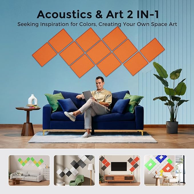 Self-Adhesive Acoustic Panels [390 lbs/yd³ Ultra-High Density], 2nd Generation Sound Absorbing Panel, Professional Level Sound Panel, Polyester Soundproof Foam [Rectangle, Orange]