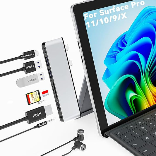 Surface Pro 11/10/9/X USB C Hub, Surface Pro 9 Hub Docking Station with 4K HDMI, Thunerbolt 4 (8K Video+Data+100W PD), 2*USB 3.0, 3.5mm Audio, SD/TF, USB C Adapter for Surface Pro 11 Copilot/10/9/X