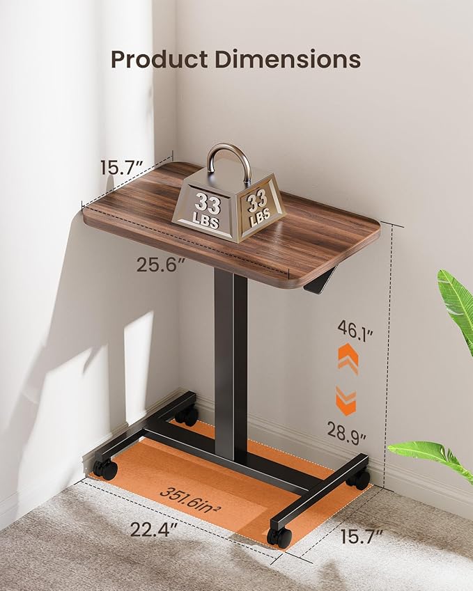 ErGear Mobile Small Standing Desk, Enhanced Adjustable Height Computer Workstations, Portable Rolling Laptop Desk with 4 Lockable Wheels for Home Office & Classroom, Deep Walnut