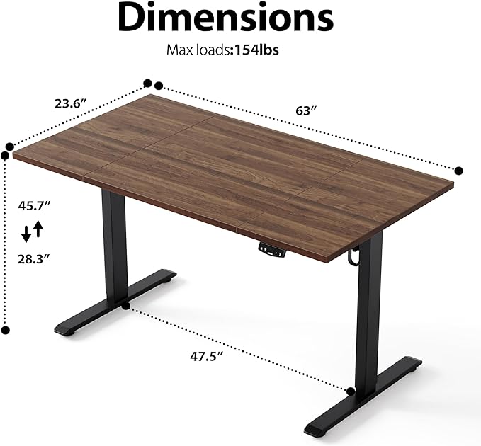 Agilestic Electric Standing Desk, 63 x 24 Inches Height Adjustable Desk, Sit Stand up Desk for Work Office Home, Splice Board, Walnut