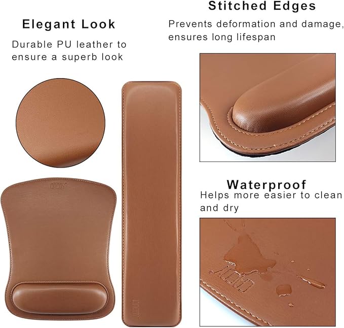 Cacoy PU Leather Mouse Pad with Wrist Support and Keyboard Wrist Rest Set for Gaming, Office, PC Computer Laptop, Ergonomic Memory Foam Non Slip Rubber Wrist Support Relief Pain (Brown)