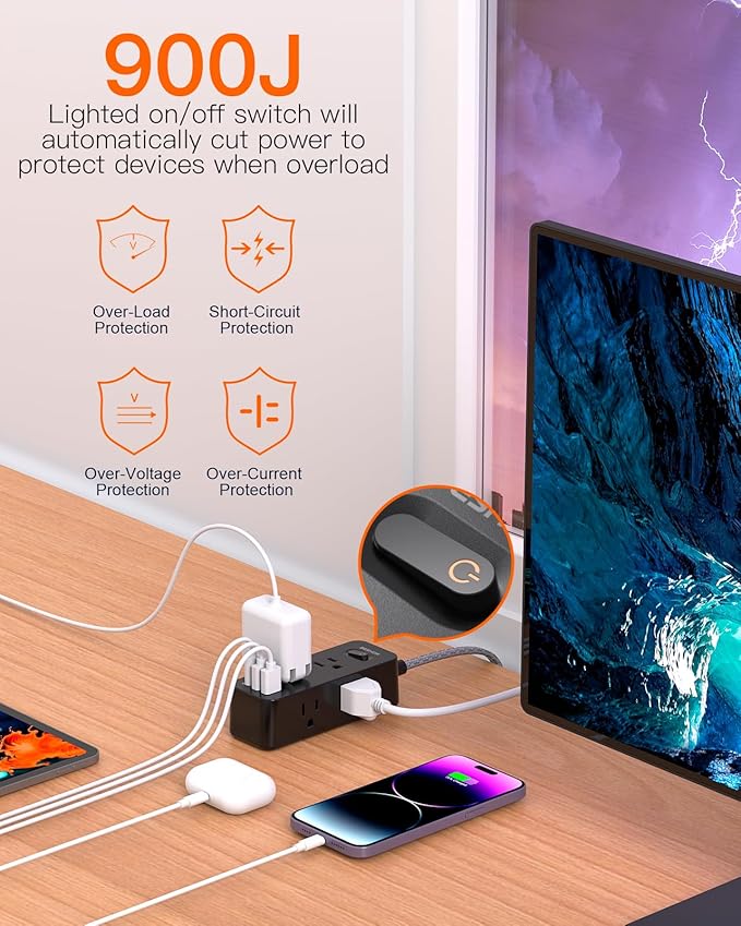15Ft Black Extension Cord, BESHON Power Strip Surge Protector, 6 Outlets with 3 USB Ports(1 USB C Outlet), 3-Side Outlet Extender, Wall Mount, Compact for Home, College Dorm Room