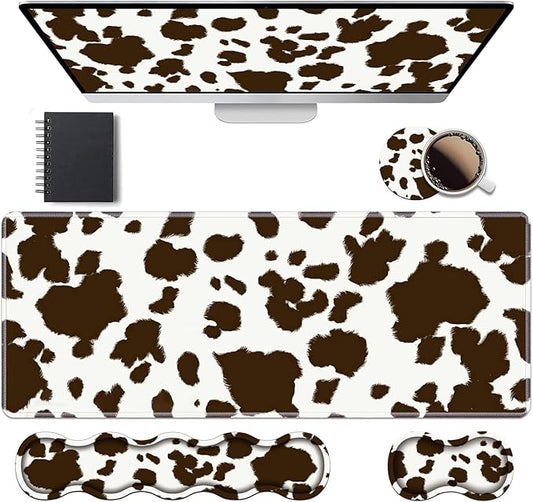 Ergonomic Keyboard Wrist Rest & Mouse Pad Wrist Rest Set, Large XXL Gaming Desk Mat 31.5"x 11.8" with Memory Foam, Easy Typing Pain Relief for Office & Home, Cow Print