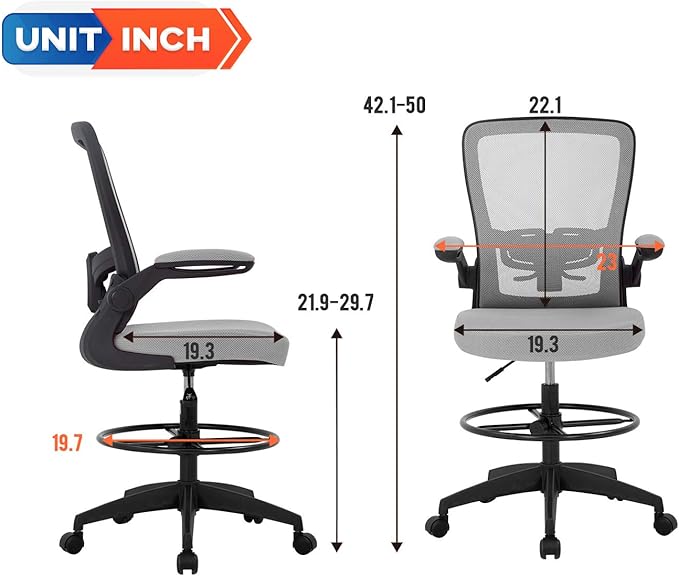 BestOffice Drafting Chair Tall Office Chair Standing Desk Chair with Lumbar Support Height Adjustable Armrest Footrest Mid Back Swivel Rolling Mesh Computer Chair Drafting Stool Grey