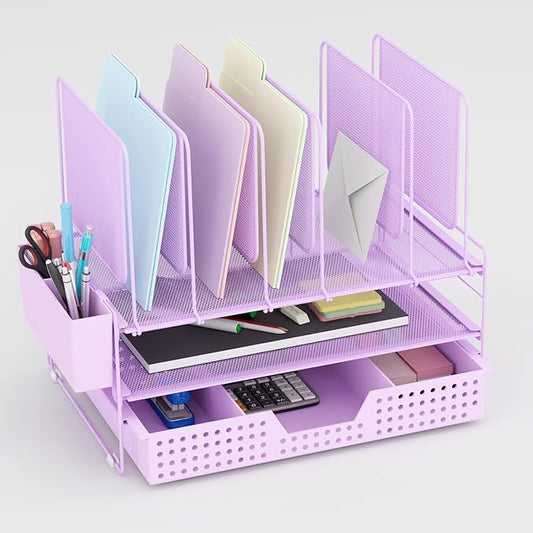 Desk Organizer, Office Organization with Vertical File Holder, File Organizer with Drawer and Pen Holder, Desk Accessories and Workspace Organizers for Home Office (Purple)