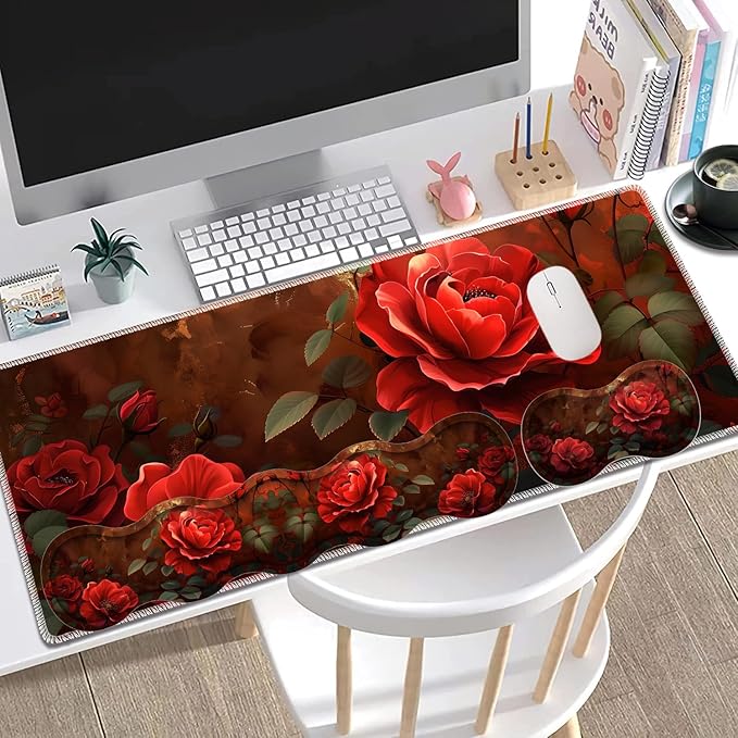 Large Gaming Mouse Pad + Keyboard Wrist Rest + Wrist Support + Coaster Set, Memory Foam Ergonomic for Easy Typing, XXL Extended Gaming Mouse Pad Table Pad - Red Rose