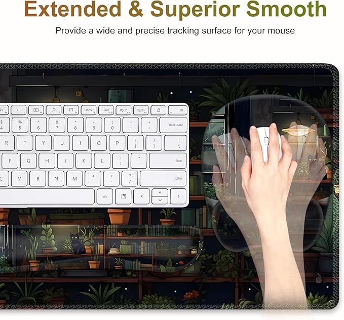 Aesthetic Green Plant Books Mouse Pad with Wrist Support 4 in1 Set, XXL Big Game Mousepad + Keyboard Wrist Rest + Mouse Wrist Rest Pad +Coaster Gaming Mat for Work Study I Japanese Anime Lofi Cat
