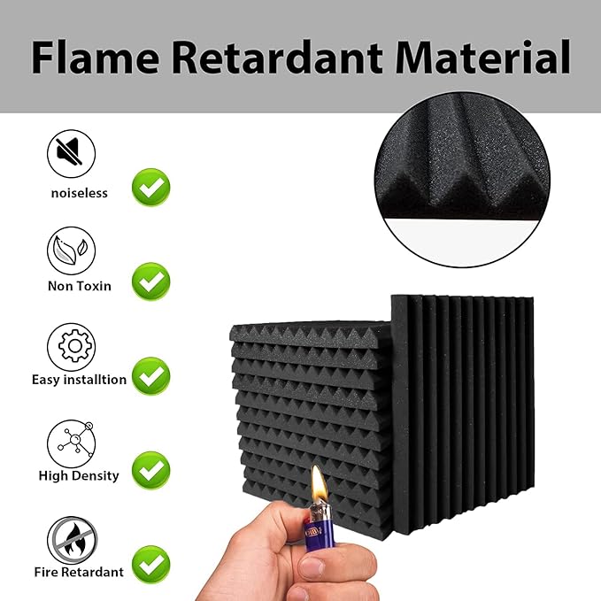 24 Pack Sound Proof Foam Panels |1"×12"×12" Quick-Recovery Soundproof Wall Panels | High Density Sound Dampening Panels for Home Studio| With Adhesive Stickers 120PCS (Black)