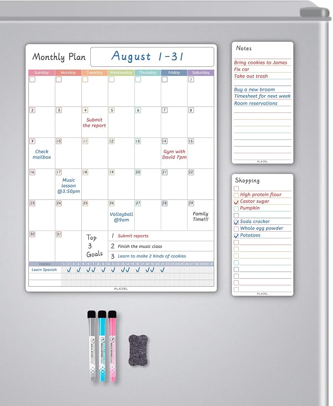 Dry Erase Calendar for Fridge Magnetic, Monthly Fridge Whiteboard Set - Vertical Magnetic Calendar for Refrigerator, Shopping List & to Do List White Board, 3 Markers + Eraser