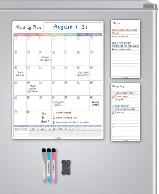 Dry Erase Calendar for Fridge Magnetic, Monthly Fridge Whiteboard Set - Vertical Magnetic Calendar for Refrigerator, Shopping List & to Do List White Board, 3 Markers + Eraser