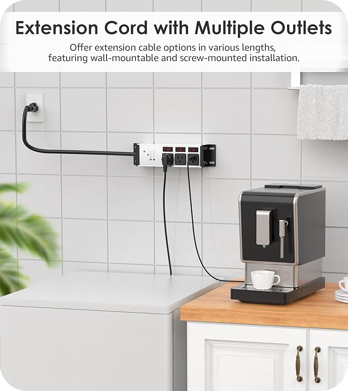 CCCEI 3 Outlet Heavy Duty Surge Protector Power Strip 20 Amp Individual Switches. 12 Gauge Extension Cord, Overload, Ground Protection. Garage Wall Mount Electric Extender, 10FT, Silver.