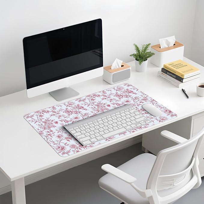 Pink Chinoiserie Mouse Pad,Vintage Pink and White Floral Desk Mat,XL Large Vintage Flowers Preppy Mouse Pad,Girly Laptop Desk Mat for Dorm Home Office,23.6x11.8 Inch