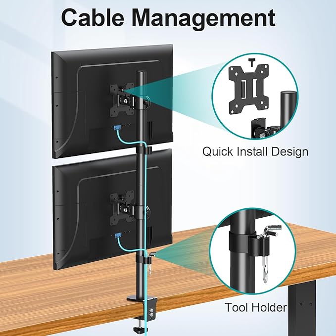 Vertical Dual Monitor Stand for 2 Max 32 inch Stack Screen Monitors, Stacked Monitor Mount with Swivel, Tilt, Height Adjustable, Computer Monitor Arm Holds up to 17.6 lbs Each