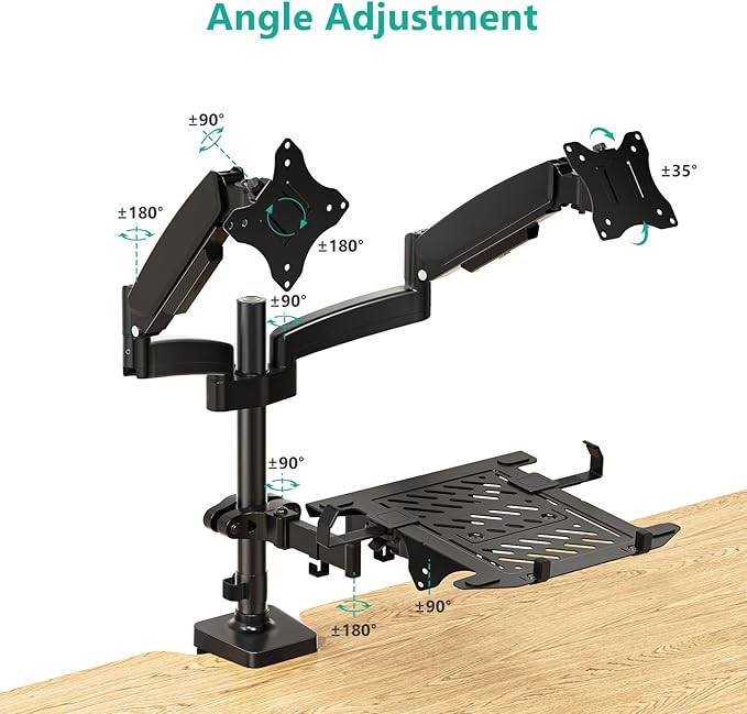 WALI Triple Arm Laptop and Dual Monitor Desk Mount for 17" Notebook and Up to 32" Screens, Adjustable Gas Spring Monitor Arms with Tilt Swivel Rotation, VESA 75x75 100x100, Black (GSDM003LP)