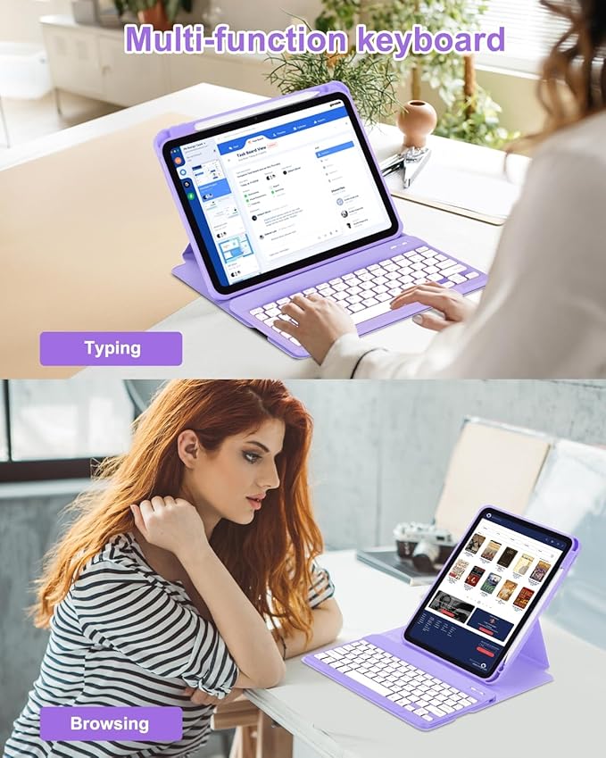 Case with Keyboard Mouse for iPad A16 11th 10th Generation 11/10.9 inch,Rainbow Backlit Detachable Keypad Rotatable Magnetic Cover with Pencil Holder for iPad 11 2025 10 Gen 2022 Purple