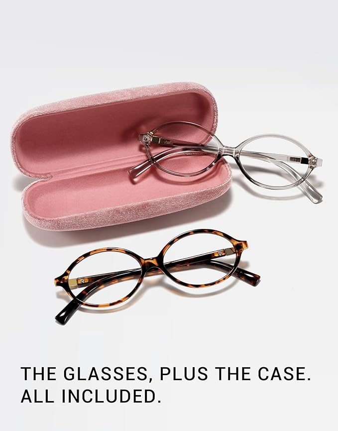 Slocyclub 2 pack Fashion Oval Glasses for Women Men Vintage Oval Small Frame Eyeglasses Retro Blue Light Blocking Glasses with Eyeglass Case, Grey and Whiskey Tortoise