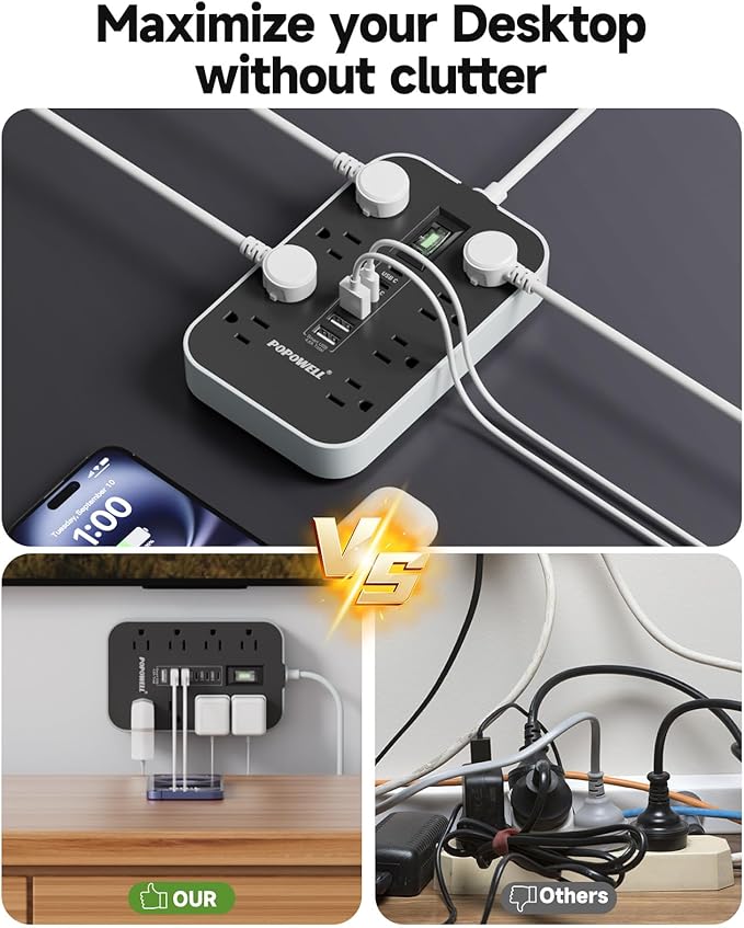 15FT Extension Cord- Power Strip Surge Protector with 8 AC Outlet & 6 USB Charging Block（3 USBC, Ultra Thin Flat Extension Cord 15 feet,1080 J Surge Protection for Home,Office, Desk Essentials.