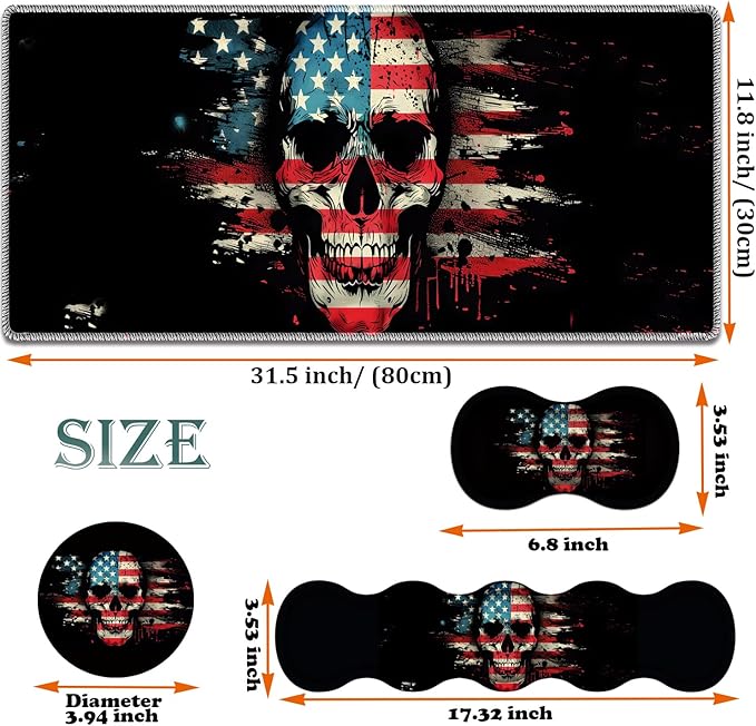 Large Gaming Mouse Pad + Keyboard Wrist Rest + Wrist Support + Coaster Set, Memory Foam Ergonomic for Easy Typing, XXL Extended Gaming Mouse Pad Table Pad - American Flag Skull