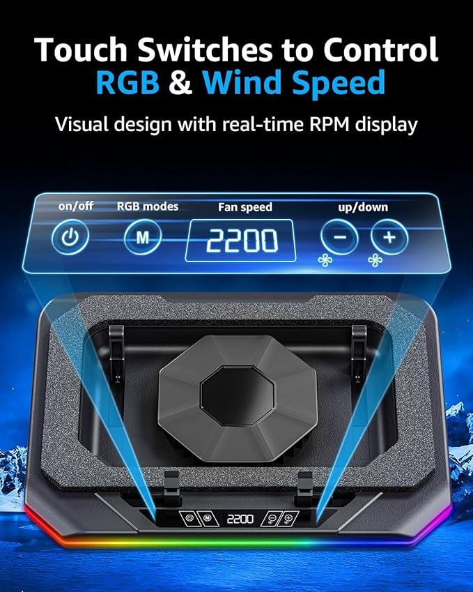 RGB Laptop Cooling Pad for 13-19", Max 3500RPM Gaming Laptop Cooler, Laptop Fan Cooling Pad Touch Switch to Control Speed, Powerful 4.72 Inch Turbo Fan