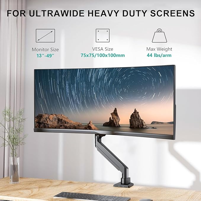 WALI Ultrawide Single Monitor Arm for 13-49 Inch Heavy Duty Curved Screens, up to 44 Lbs, Adjustable Gas Spring Single Monitor Desk Mount with C-Clamp, Grommet Base, 75/100mm VESA (GSM001XL), Black