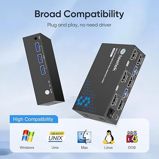 Hearvo 8K@60Hz HDMI KVM Switch for 2 Computers 2 Monitors, Dual Monitor KVM Switch with EDID Adaptive, Keyboard/Mouse/Printer Sharing, Includes 2 USB Cables & Controller -S7229H2
