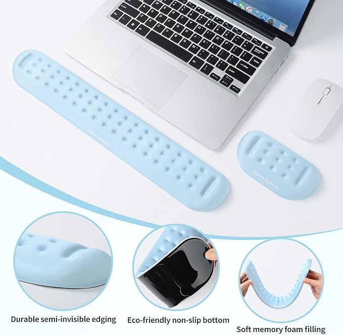 UnivoColors Light Blue Keyboard Wrist Support and Mouse Wrist Rest Set, Made of Memory Foam Soft Gel, Ergonomic Pad for Computer, Laptop, Mouse, Office, Gaming